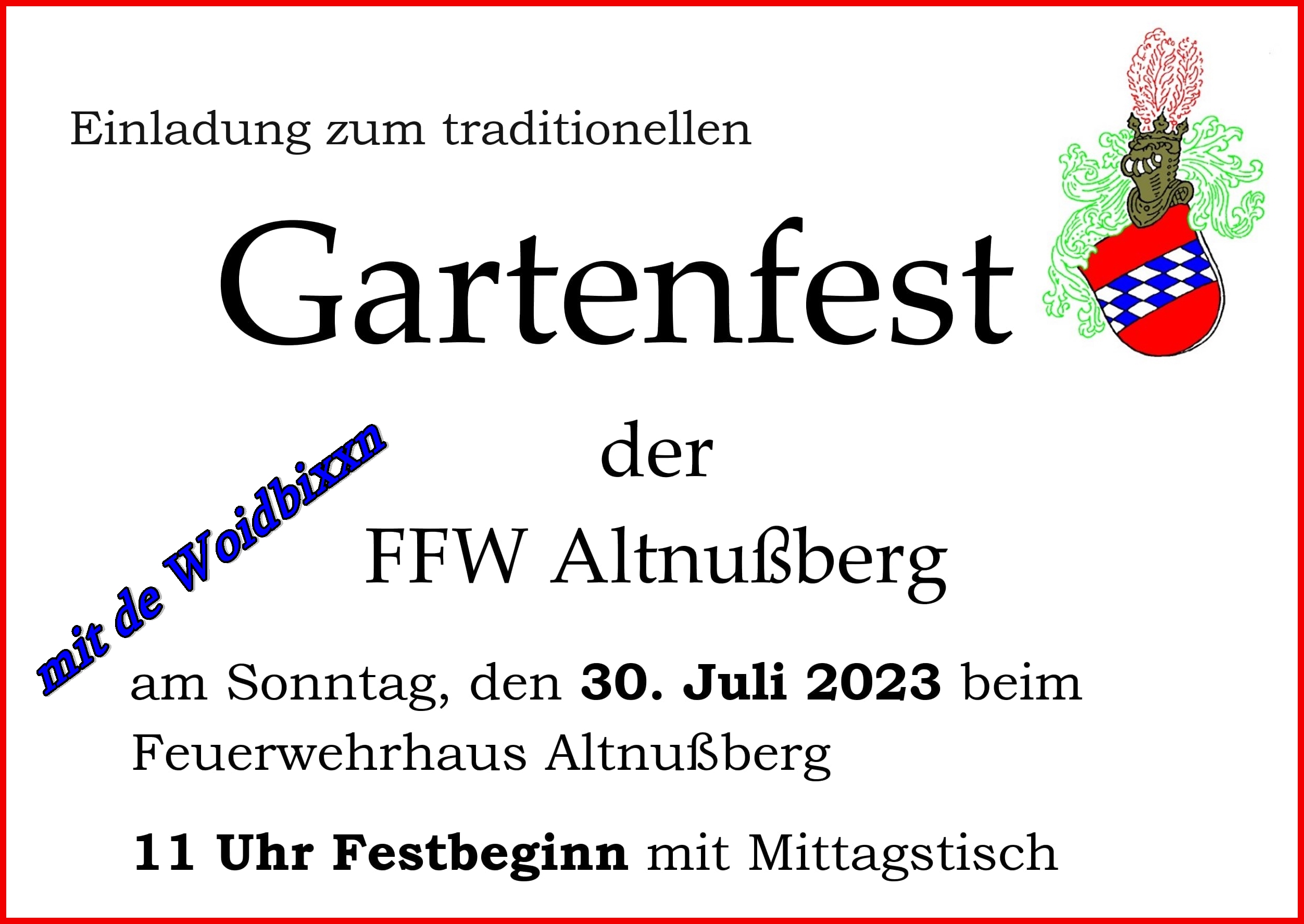 Einladum zum traditionellen Gartenfest der FFW Altnußberg am Sonntag, den 20. Juli 2023